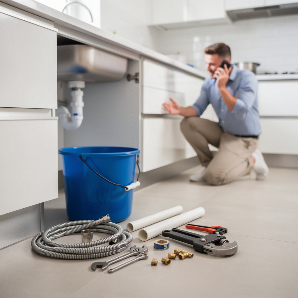 Jerry's Plumbing & Heating emergency plumber in Goleta, CA, demonstrating water shut-off valve location for homeowners