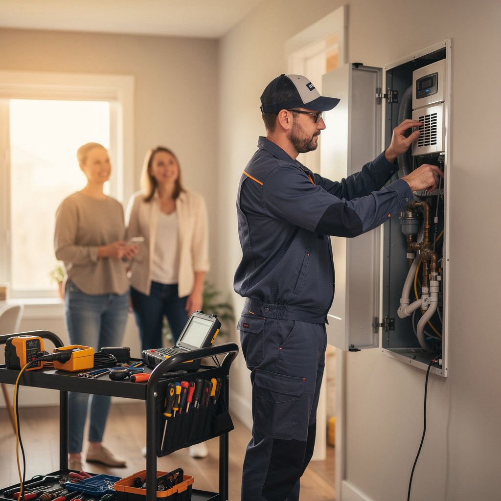 Jerry's Plumbing & Heating technician performing expert heating system maintenance in a Goleta home