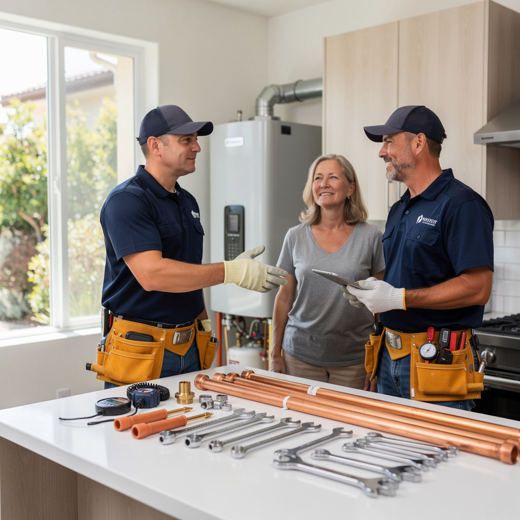 Jerry's Plumbing & Heating team discussing project plans with a homeowner in Goleta, CA