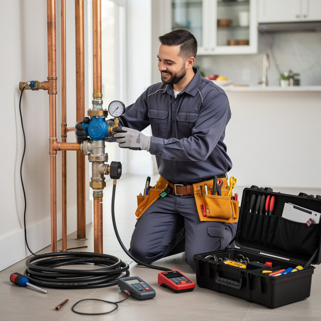 Jerry's Plumbing & Heating certified technician performing a backflow prevention device test in Goleta, CA